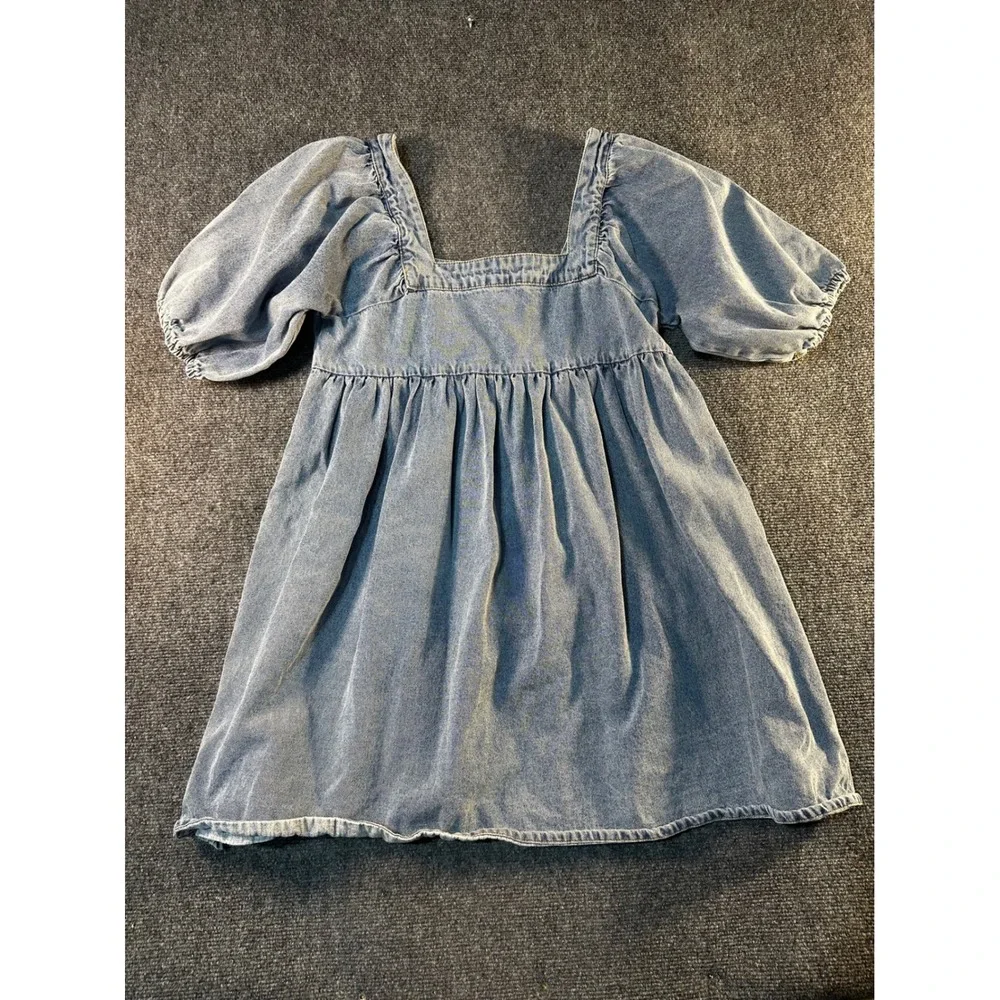 Rylee + Cru Denim Puff Sleeve Babydoll Dress Square Neck Blue Medium BOHO - Picture 1 of 8
